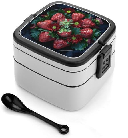 HJUL Fresh and Red Bento Box Double Layer Lunch Box Leakproof One Piece Stackable Lunch for Adults with Spoon And Handle Bento Boxes for Work Picnics And Travel