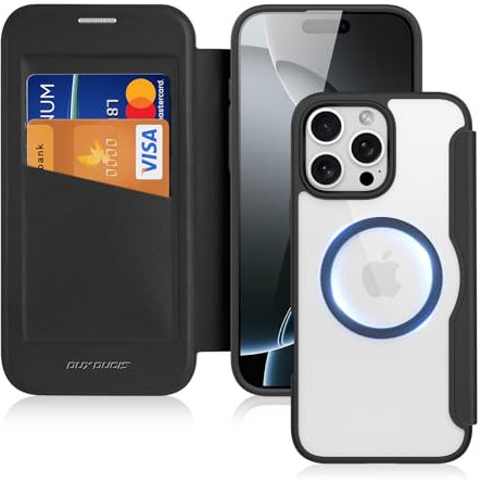 DUX DUCIS Hülle für iPhone 16 Pro Handyhülle Kompatibel mit MagSafe, Transparente Anti-Kratzer Leder Flip Klapphülle mit RFID-Sperre Schutzhülle Case für iPhone 16 Pro (6,3 Zoll, Schwarz)