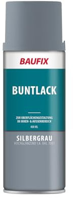 Baufix Sprüh und Effektlack, Buntlack Spray silbergrau, hochglänzend, 400 ml, DIY Lack, Dekorieren von Glas Metall und Holz