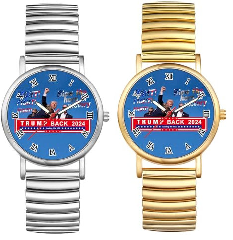 JewelryWe Trump-Attentat Uhr Elastische Armbanduhr: 2pcs Trump Fighting 2024 Shooting Trump Back Fist Raised Analog Quarz Armbanduhr Herren Damen Edelstahl Zugband römische Zahlen Uhr