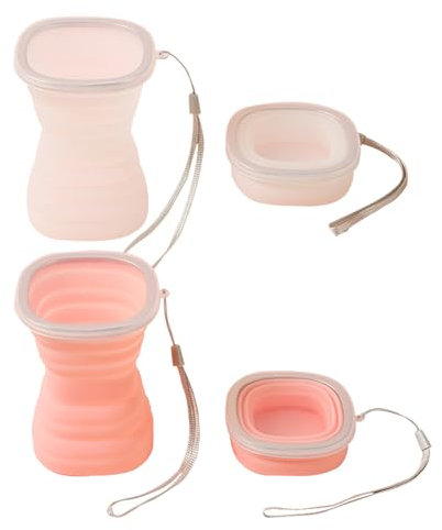 2 Pcs Collapsible Camping Cup with Lid, Reusable Food Grade Folding Mug, Portable Collapsible Travel Mugs with Plastic Sealing Lid for Sports Gym Camping Hiking Cycling Outdoor Activities (White+Pink)