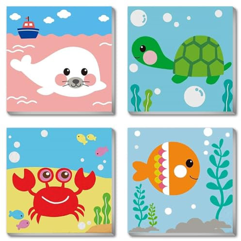 4 Pack Framed Paint by Numbers Kit for Kids,Cute Sea Animals Painting Kits for Kids Ages 4-6,Easy Paint by Number Kids Paint for Beginner,DIY Acrylic Oil Painting Kit for Wall Decor(8X8inch)