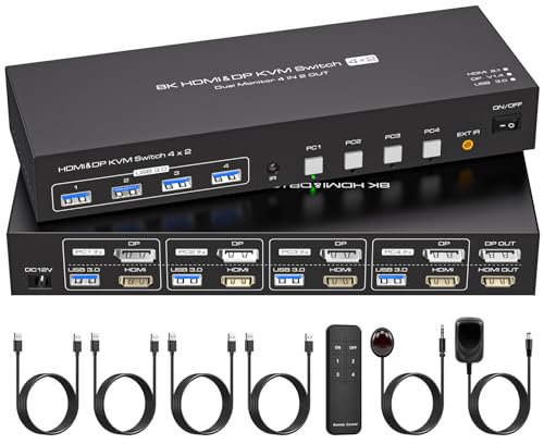VPFET 4K144Hz HDMI Displayport KVM Switch 4 PC 2 Monitore 8K60Hz DP 1.4 HDMI 2.1 4 port KVM Switches für 4 Computer Aktie 2 Monitors und 4 USB 3.0 Inklusive DC12V-Adapter und 4 USB3.0 Kabel