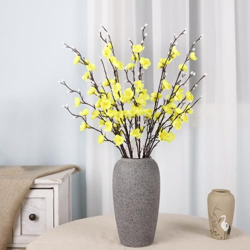 Juego de 6 flores artificiales amarillas – Flor de ciruelo artificial que se ve real, 55 cm de largo para jarrón, perfecto para decoración del hogar y la oficina