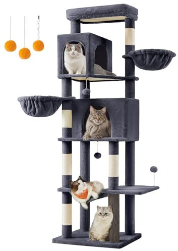 Feandrea Grand Arbre à Chat, Tour à Chat de 190,7 cm de Haut, Multi-Niveaux, avec 2 Niches, 2 Paniers, 5 Griffoirs, Toilettage Autonome, Perchoir, Hamac, Gris Foncé PCT183G02