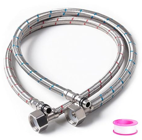 2 tubi corazzati da 3/8, 80 cm, tubo di collegamento in acciaio inox intrecciato, tubo flessibile con nastro di tenuta per miscelatore