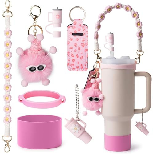 7PCS Stanley Cup Accessories Set Including I Water Bottle Handle Strap,Silicone Cup Boot, Keychain Charms & 3 Pcs Handle Charms,Straw Topper Accessories for 40oz & 30oz Stanley Tumbler (Pink)