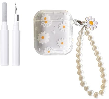 Fycyko Kompatibel mit AirPods 2 Hülle, weiches TPU mit Reinigungsset, niedliches kleines Gänseblümchen-Design, stoßfest, Perlen-Schlüsselanhängerabdeckung für Mädchen und Damen, für Airpods 2 und 1,