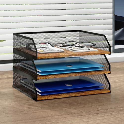 PUNCIA 3 Tiers Stackable Paper Tray for Desk Organiser, Metal Mesh Filing Rack with Wooden Board Letter Holder Post Sorter Document Shelf Stationery Stand for Home Office Study Classroom Retro