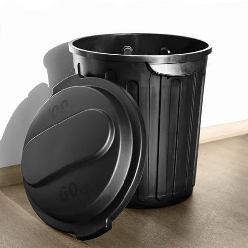 KARAT Poubelle avec couvercle hermétique et 2 poignets de transport en plastique pour usage intérieur extérieur, résistant aux intempéries, Idéal pour Jardin Restaurant (Noir (Robin), 60l)