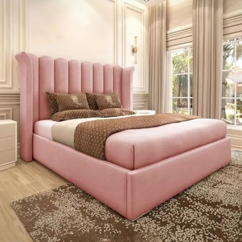 4FT6 Double Ottoman Storage Solid Divan Base Winged Bed With 48 Headboard Upholstered In Pink Plush Velvet End Lift - No Mattress (Pink Plush, 4FT6 Double Gas Lift No Mattress)