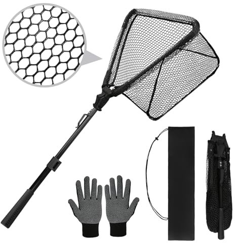 wiipara Kescher Angeln - mit Keschertasche und Handschuh, Teleskop Gummierter Angelkescher - Stabil, Faltbar und Fischfreundlich, Angel Unterfangkescher Teich Karpfenkescher für Erwachsene und Kinder