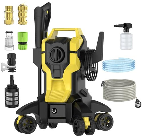 IERAKOR Idropulitrice ad Alta Pressione, Potenza 2000 W, Pressione 150 Bar, 4 Ruote Girevoli a 360°, Ugello Regolabile 0 a 160°, Tubo 10 M, Idropulitrice Elettrica Professionale Acqua Fredda (Giallo)
