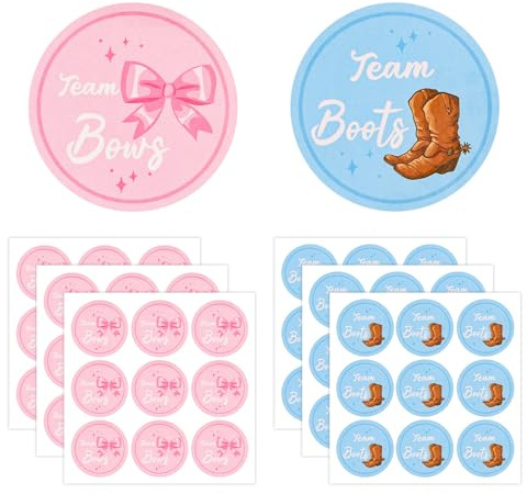 54stk Gender Reveal-Aufkleber, 5 cm Runde Aufkleber Team-Junge- oder Mädchen Blaue und Rosa Babypartys Etiketten für Scrapbook Umschläge Spiele Partygeschenke Dekoration (Stiefel & Schleife)