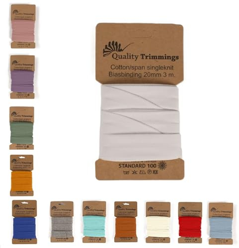 Die Stofftante Jersey Schrägband | vorgefalztes, elastisches Einfassband | aus Baumwoll-Jersey | Coupons á 3 Meter x 20mm (weiß)