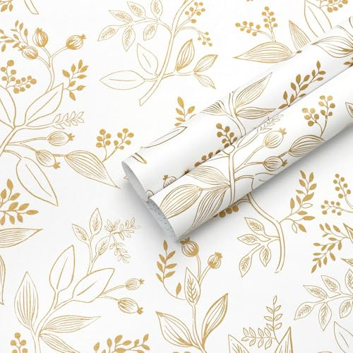 Fiula Selbstklebende Tapete Klebefolie Möbel Weiß Gold Blätter 44CM×10M Möbelfolie Selbstklebend Blumentapete Vintage Tapeten Dekorfolie Vinyl Wohnzimmer Wasserdicht Früchte Wallpaper