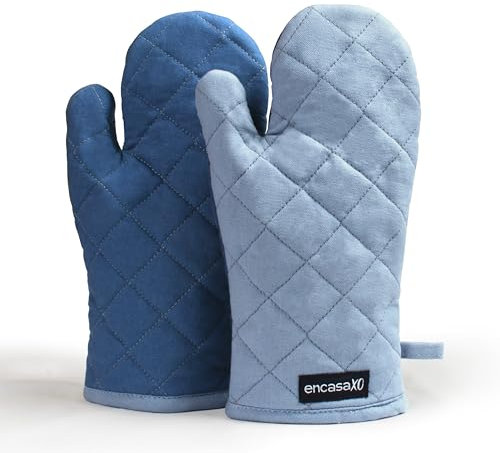 Encasa XO Extralange 17x29 cm Backofen-Mikrowellen-Handschuhe Handschuhe (2 Stück) für die Küche - Silikon-Silber hitzebeständig - schützt die Hände vor heißer Ausrüstung - B Grau & Kobaltblau