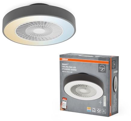 OSRAM Ventilatore da soffitto WiFi con lampada LED, colore della luce bianco caldo a bianco luce diurna, 2500 lumen, controllo WiFi e telecomando, dimmerabile, 78 W, grigio
