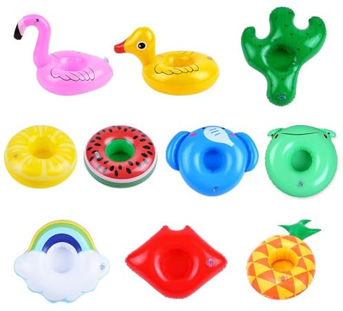 10 Pcs Inflatable Drinks Holder, Hot Tub Drinks Holder with Fun Designs, Floating Cup Holders for Pool Parties, Beach Vacations and Kids Bath Time, Includes Flamingo Duck Cloud Pineapple and More