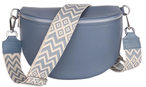 MIRROSI Damen Bauchtasche aus Echtleder, Made in Italy. Als Umhängetasche, Brust- oder Schultertasche tragbar, 26x20x8 cm, Reißverschlussfach hinten. (Jeansblau: Boho)