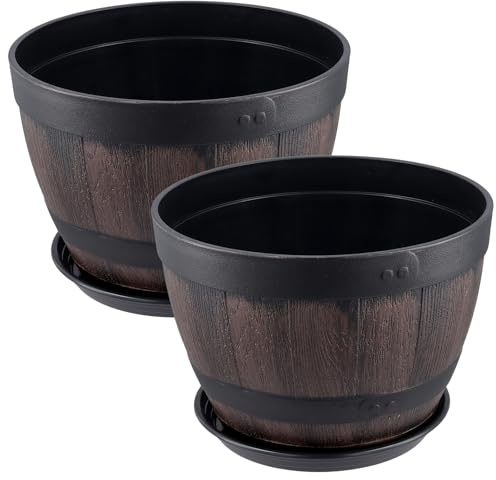 NAMYEUT 2 x 23 cm große Kunststoff-Whisky-Fass-Pflanztöpfe mit Drainagelöchern und Untersetzern, Vintage-Harz, dekorative Blumentöpfe für Innen- und Außenbereich, Gartenpflanzen