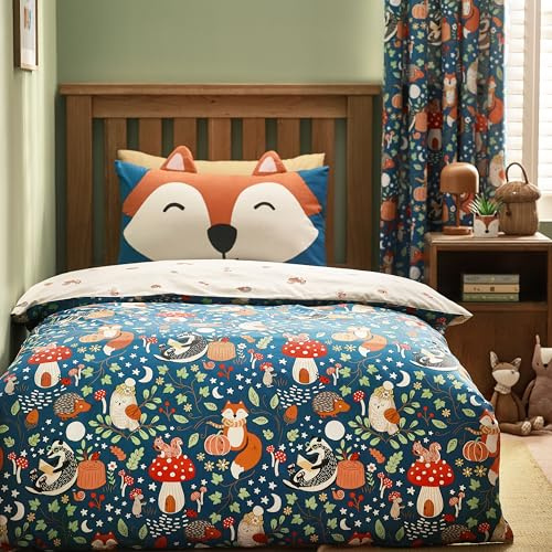 Catherine Lansfield Fox and Woodland Friends Reversible Double Duvet Cover Set with Pillowcases Green