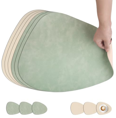 comfoyar Tischsets und Untersetzer Leder Oval 6er Set, Rutschfeste Doppelseitigen Platzsets Abwaschbar, Wasserdicht Platzdeckchen für Küche, Esszimmer Partytisch Dekoration (Hellgrün Weiß 33 x 42cm)