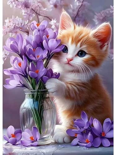 QQYRHN 5D DIY Chat Orange Kits de Peinture Diamant, Complète Chaton Diamond Painting pour Adulte Débutants,Fleurs Violettes Art du Diamant, Décoration Murale Maison Peinture au Diamant Avec 30x40 cm