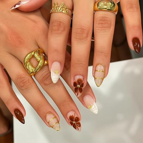 Almond Press On False Nails, 24-Piece French Tip Floral Set, Brown Gold | Reusable Stick On Nails, Nude And White Tones, Geometric Detailing, Coordinated Manicures For Daily Wear And Parties