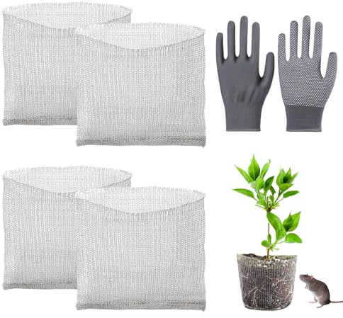 Vaskula 4 Stück Wühlmauskorb 45 x 40cm Wurzelschutz Gegen Wühlmäuse Edelstahl Pflanzkorb Blumenzwiebeln mit Handschuhen Pflanzkörbe für Blumenzwiebeln für Schutz Der Wurzeln von Blumen Gemüse