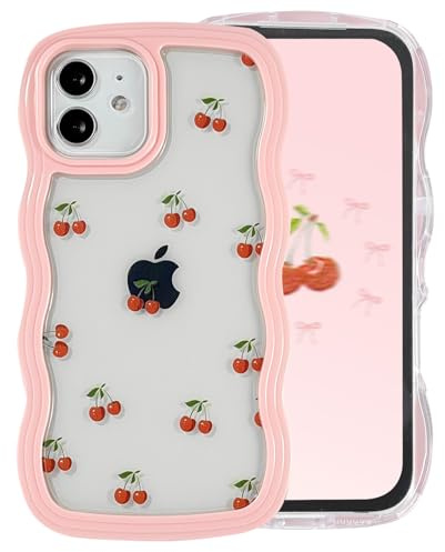 Draamvol for iPhone 11 Case Cute Curly Wave Frame Clear Phone Case Shockproof Pink Hard PC Bumper Soft Anti-Yellowing TPU Silicone Cover for Women Girls, Cherry