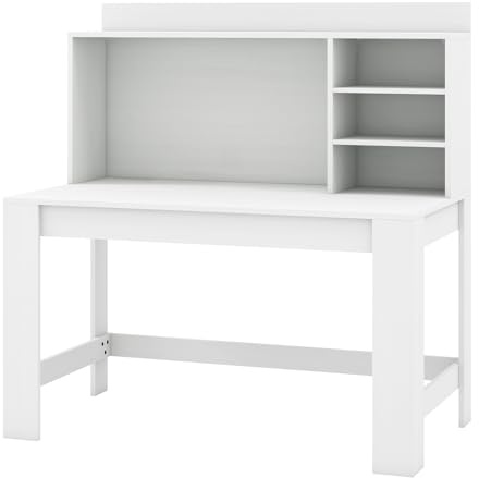 CASART Computer Desk with Hutch, 118cm Wooden Writing Table with Storage Shelves, Home Office Study Desk PC Laptop Table for Bedroom Study Living Room (White, 118 x 60 x 125cm)