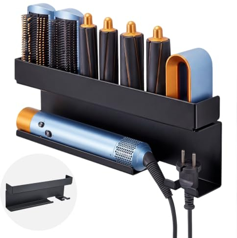 Huwaovi Soporte Secador de Pelo de Pared Sin Taladrar, Autoadhesivo Soporte Para Plancha y Rizador, Organizador Multifuncional Accesorios Peluquería, Soporte pared Baño y Dormitorio, Negro