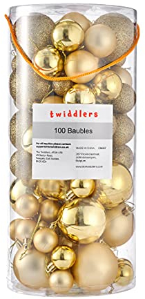 THE TWIDDDLERS 100 Palline di Natale in Oro, Stili e Dimensioni Assortite - Set regalo di Decorazioni per l'albero e Domestiche del Festival