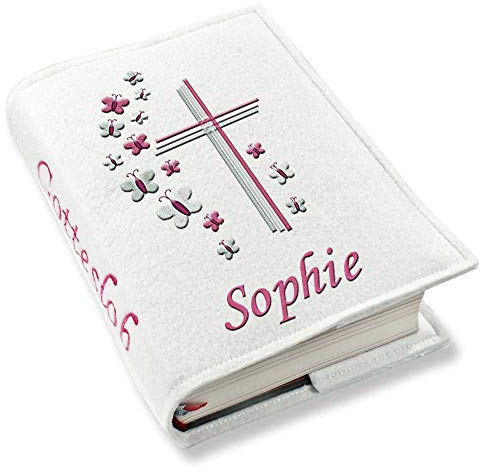 Gotteslob Gotteslobhülle Großdruck Kreuz Schmetterlinge pink rosa Filz mit Namen bestickt hellgrau weiß dunkelgrau lila blaugrau dunkelblau türkis maigrün flieder Mädchen, Farbe:weiß