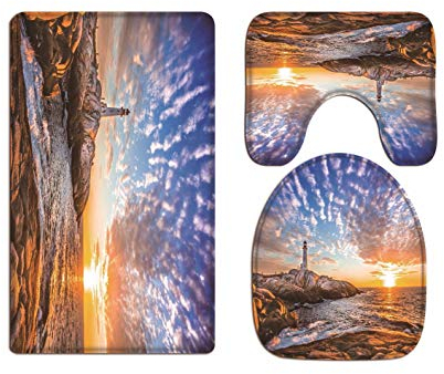 A.Monamour Badezimmer Badematte 3 Teilig Set Ozean Küste Strand Sonnenuntergang Leuchtturm Ansicht Natur Landschaft Teppich Flanell Saugfähig Badteppiche Badvorleger Badgarnitur WC Vorleger