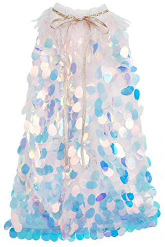 FKKFYY Big Girl Cape Cloak Dresses Coat Matching Princess Wedding Birthday Party Halloween Star Sequins Cape Summer Cloaks Costumes for Girls Kids Dress Up Veil Yarn (D49Sequins, L)