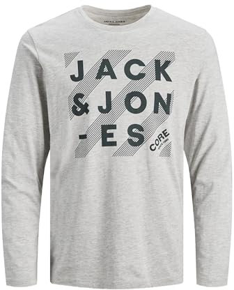 JACK & JONES Mens Slim Fit T-Shirt 100% Cotton Long Sleeves T-Shirts with Logo, Light Grey, Sizes- S