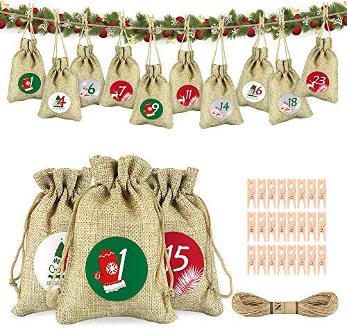 Adventskalender zum Befüllen, Weihnachtskalender Jutesack Adventskalender Säck Geschenksäckchen Weihnachten Stoffbeutel Bastel 24 Stück Jutebeutel mit Kordelzug 1-24 Weihnachtsaufkleber