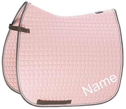 Eskadron powderrose Cotton Dressur-Schabracke mit individuellem Namen Bestickt, Schriftart:Holli, Garnfarbe Maderia:Baby Blue 1675