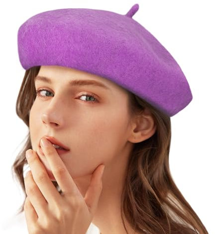 Gllutt Damen-Baskenmütze aus Wolle, französischer Stil, einfarbig, Violett, Einheitsgröße