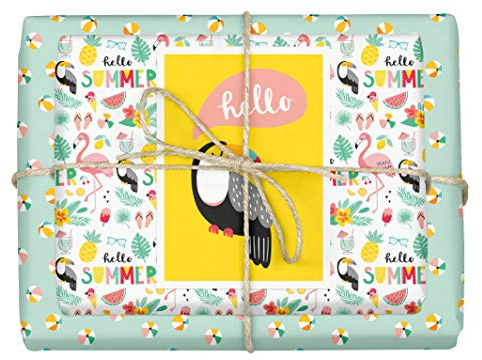 dabelino® Geschenkpapier Tropische Dschungel-Tiere/tropical Sommer (Flamingo, Ananas, Eis, Flip Flop), Set: 4x Bögen + 1x Karte (Öko Recycling-Papier nachhaltig, Kinder Geburtstag)
