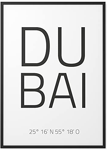 Papierschmiede® Geo Poster Koordinaten Dubai, A3 Gerahmt im Holzrahmen (schwarz), Stadt Bild als Wanddeko für Wohnzimmer Schlafzimmer Küche Esszimmer, Vereinigte Arabische Emirate