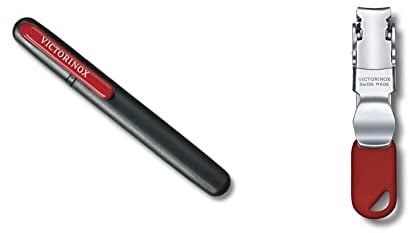 Victorinox Nail Clipper Cortaúñas con 2 funciones, cortaúñas y agujero para colgar un cordón, de color rojo + Dual One Size Afilador de cuchillos fabricado en madera y color negro/rojo