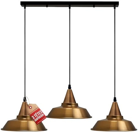 LEDSone 3 Head Yellow Brass Vintage Industrial Ceiling Hanging Light Shade Loft Style Metal Ceiling Pendant Lamp for Kitchen Island, Living Room, Dining Room E27 UK Holder Kit, Bowl, Yellow Brass