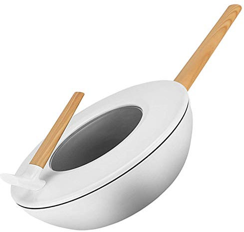 ZXFDMSWJ Poêle à Frire familiale en Aluminium antiadhésive Wok résistante aux Rayures avec Couvercle en Verre trempé et Manche en Bois pour cuisinières à gaz à Induction électrique, Blanc, 28 cm