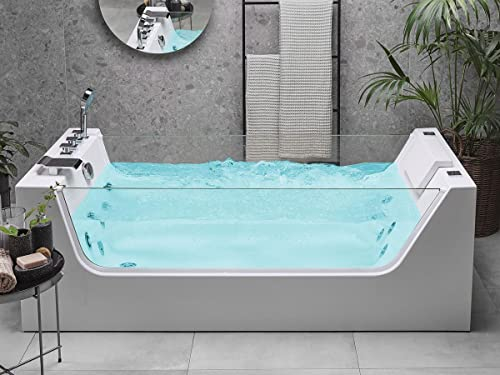 Supply24 since 2004 Whirlpool Badewanne Osaka – 170x80 cm – freistehend oder Eckmontage – 5 Massagedüsen & LED Farblicht – Glasfront – Edelstahlrahmen – Spa Hot Tub für Bad – Indoor Wellness