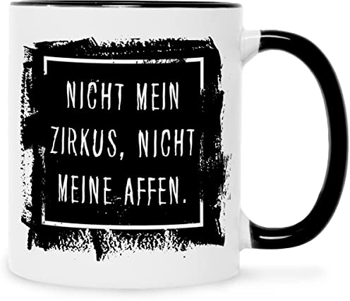 GRAVURZEILE Bedruckte Tasse mit Spruch - Nicht mein Zirkus, nicht meine Affen - Spülmaschinenfest - Geschenke für Freunde & Kollegen - Geschenk für Büro & Alltag - Farbe: Schwarz & Weiß