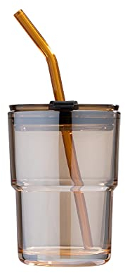 BLUEPOLAR Wasserglas, Becher mit Strohhalm und Deckel, versiegeltes Handgepäck für Kaffee, Eistee, dickwandige isolierte Glasbecher (bernsteinfarben)