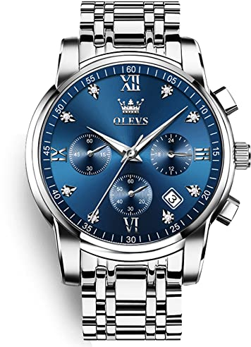OLEVS Herren Chronograph Armbanduhr, Gold Silber Edelstahl Band Analog Quarz Armbanduhr für Herren, A3-blaues Zifferblatt/silberfarbenes Band, Rund